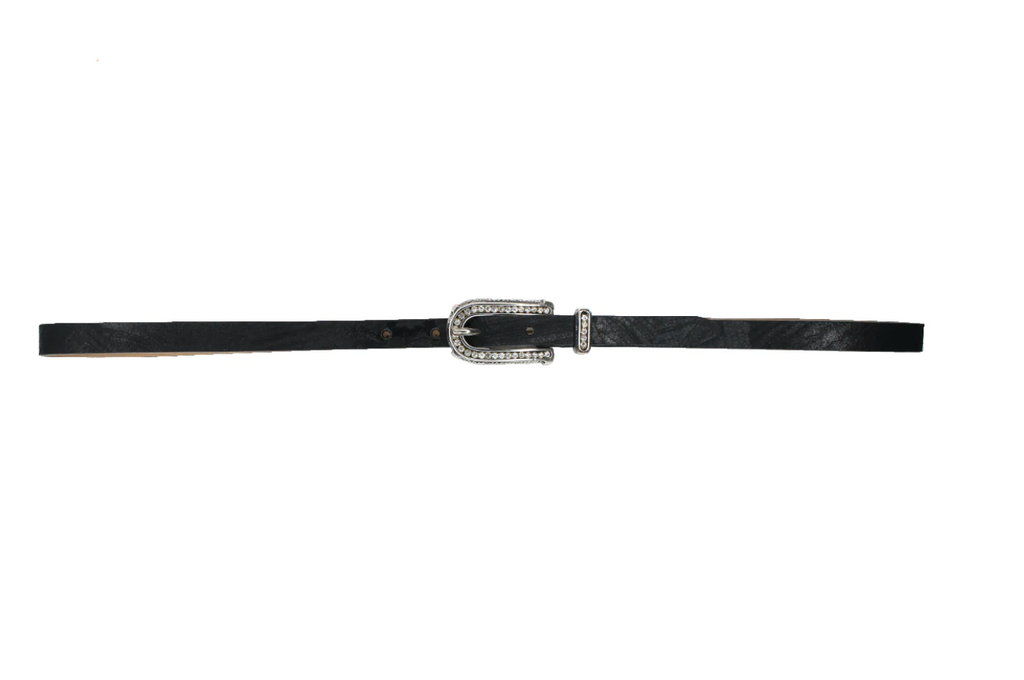 52000 Crystal - Skinny Black Leather Belt With Chic Crystal Buckle | Streets Ahead